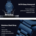 Dark blue stainless steel watch, featuring a close-up of the watch face and bracelet with text highlighting '3ATM Deep Waterproof' and 'Stainless Steel Strap' on a dark background.