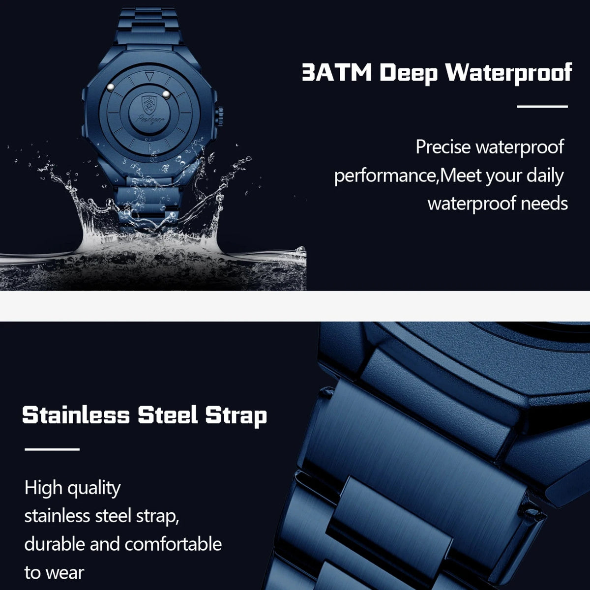 Dark blue stainless steel watch, featuring a close-up of the watch face and bracelet with text highlighting '3ATM Deep Waterproof' and 'Stainless Steel Strap' on a dark background.
