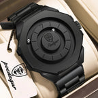 A matte black Podlago watch with an octagonal case and matching metal link bracelet, displayed on a beige leather surface with a branded hangtag.