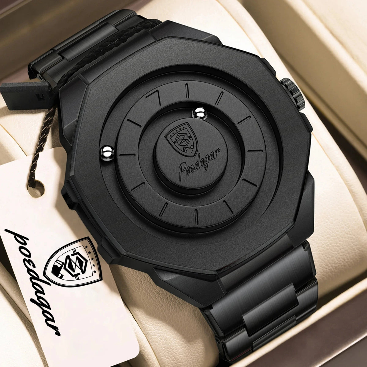 A matte black Podlago watch with an octagonal case and matching metal link bracelet, displayed on a beige leather surface with a branded hangtag.