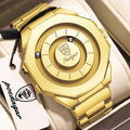 A gold-tone Polygear watch with an octagonal case and matching metal link bracelet, displayed inside a cream-colored presentation box. The watch dial features concentric circles and the Polygear logo at the center.