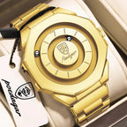A gold-tone Polygear watch with an octagonal case and matching metal link bracelet, displayed inside a cream-colored presentation box. The watch dial features concentric circles and the Polygear logo at the center.