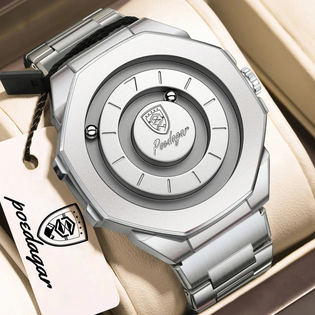 A silver-toned Polygear watch with an octagonal case and matching metal bracelet, displayed inside a beige watch box. The back of the watch is shown, featuring a circular dial design with the Polygear logo at the center.