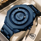 A close-up of a blue Pagoda watch with an octagonal case and matching metal link bracelet, resting on a cream-colored display cushion with a branded hangtag visible.
