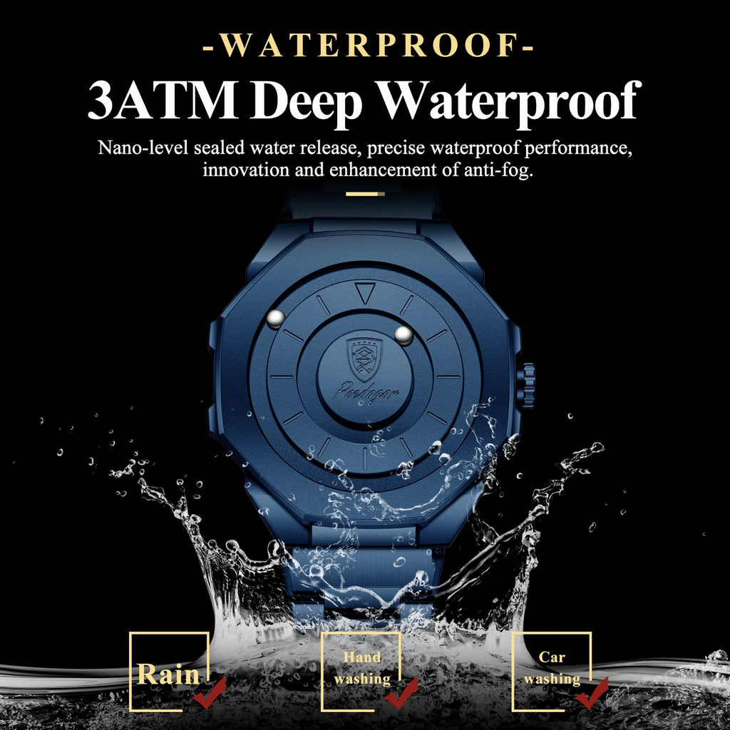 A dark blue waterproof watch shown from the back on a black background with splash graphics and text reading '3ATM Deep Waterproof' and feature callouts for rain, hand washing, and car washing.