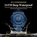 A dark blue waterproof watch shown from the back on a black background with splash graphics and text reading '3ATM Deep Waterproof' and feature callouts for rain, hand washing, and car washing.