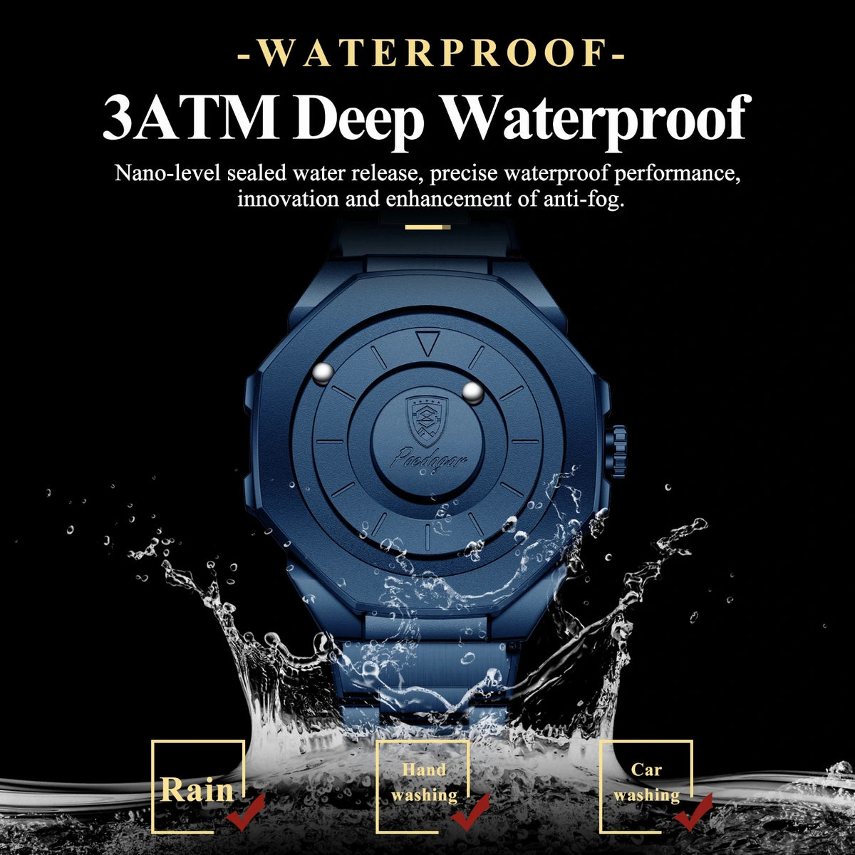 A dark blue waterproof watch shown from the back on a black background with splash graphics and text reading '3ATM Deep Waterproof' and feature callouts for rain, hand washing, and car washing.