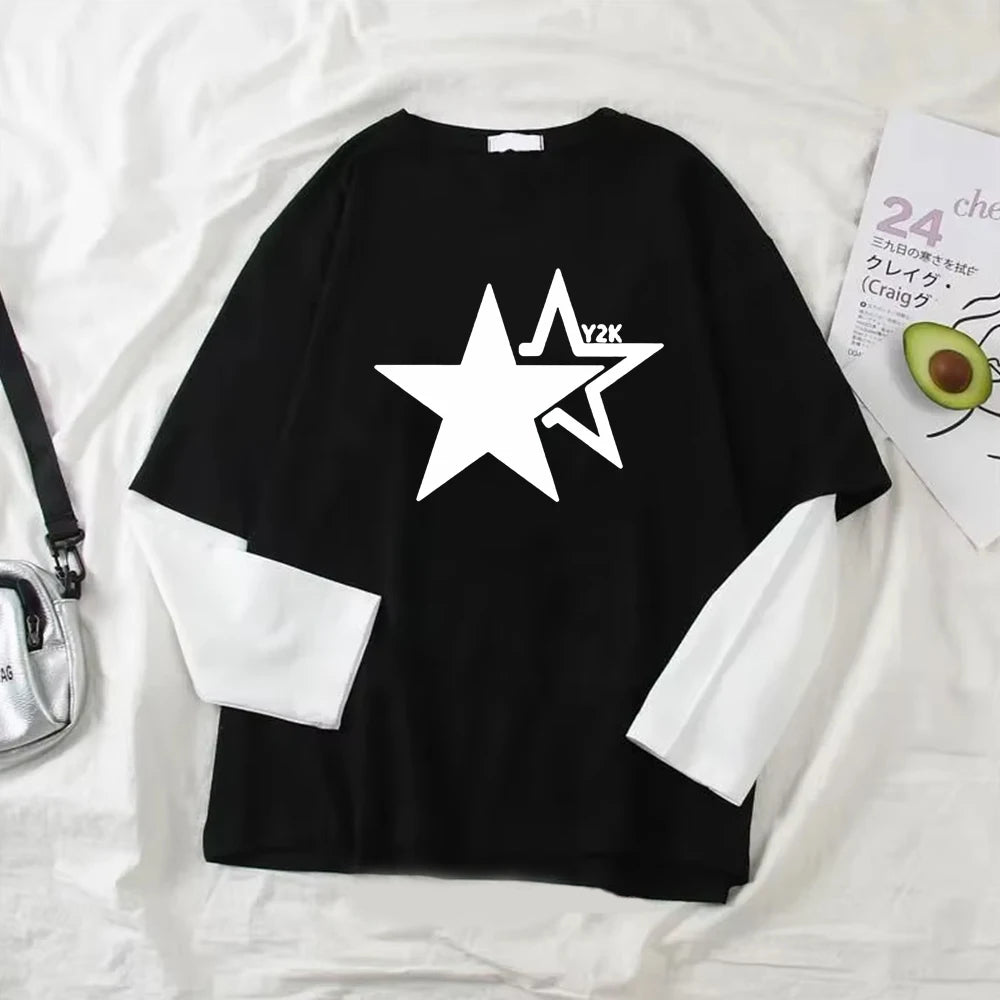 Star Y2K Print Graphic Double Long Sleeved T-shirt