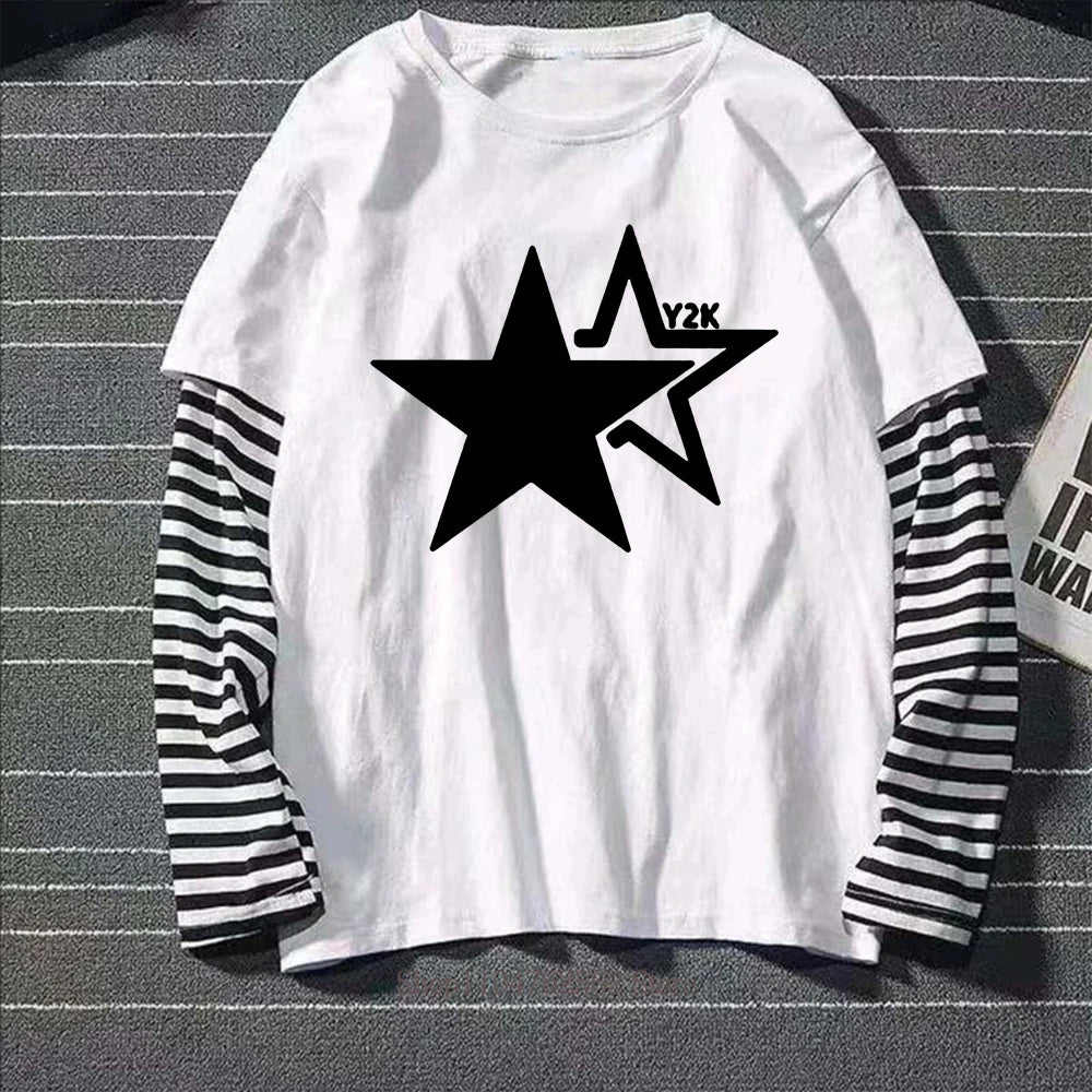 Star Y2K Print Graphic Double Long Sleeved T-shirt