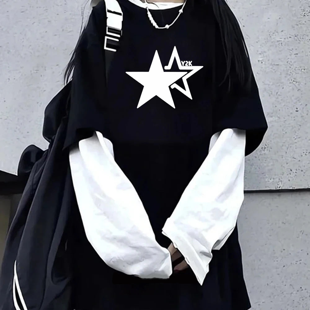 Star Y2K Print Graphic Double Long Sleeved T-shirt