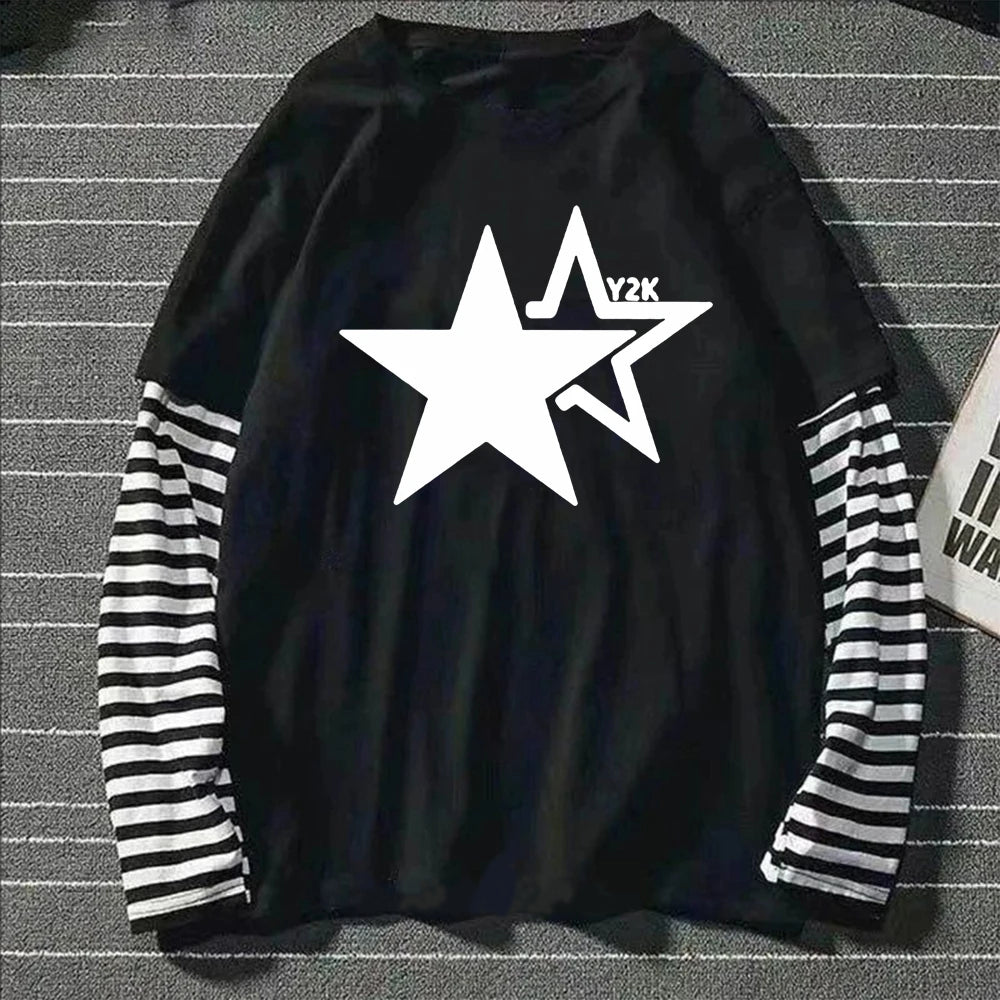 Star Y2K Print Graphic Double Long Sleeved T-shirt