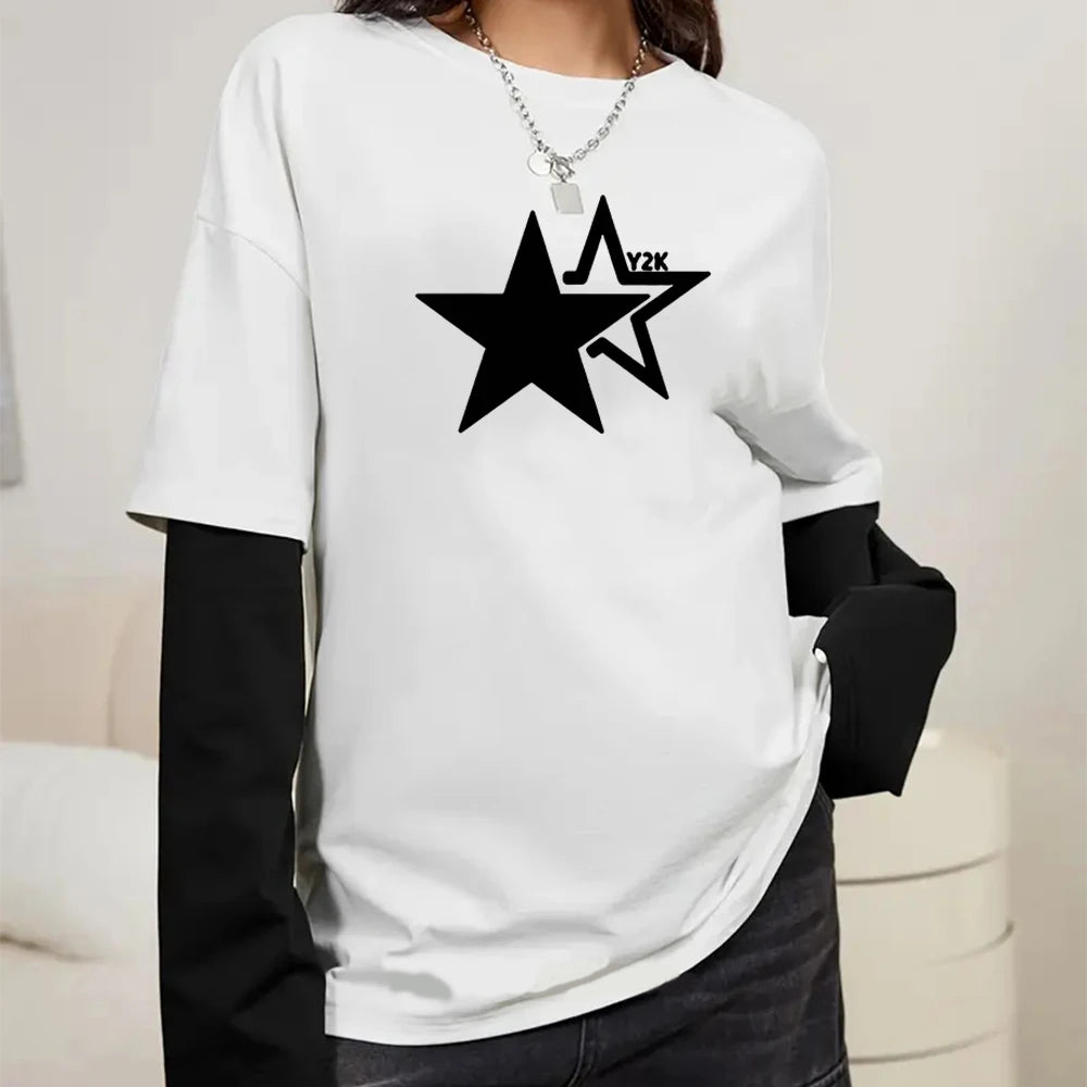 Star Y2K Print Graphic Double Long Sleeved T-shirt