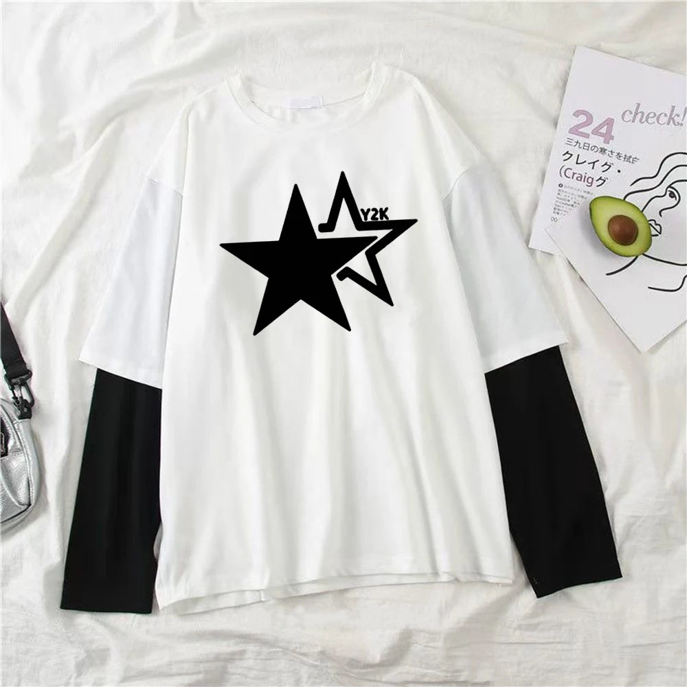 Star Y2K Print Graphic Double Long Sleeved T-shirt