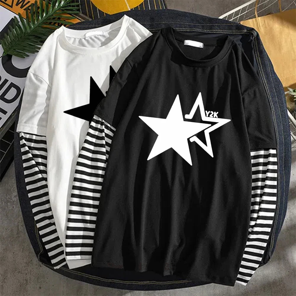 Star Y2K Print Graphic Double Long Sleeved T-shirt