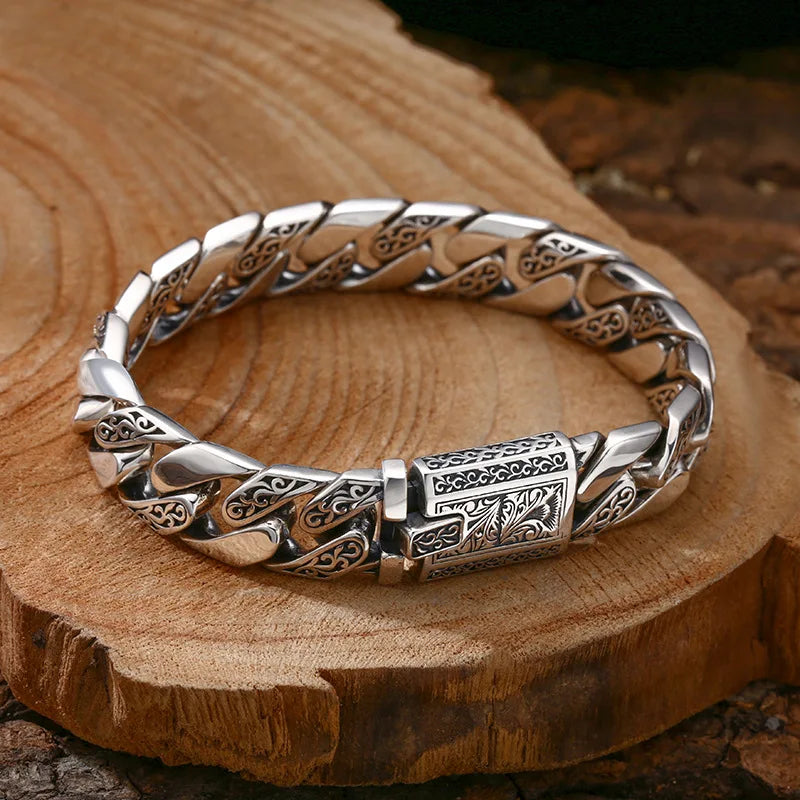 Heavy Chain Men's Bracelet Sterling Silver Vine Garland Cuban Style