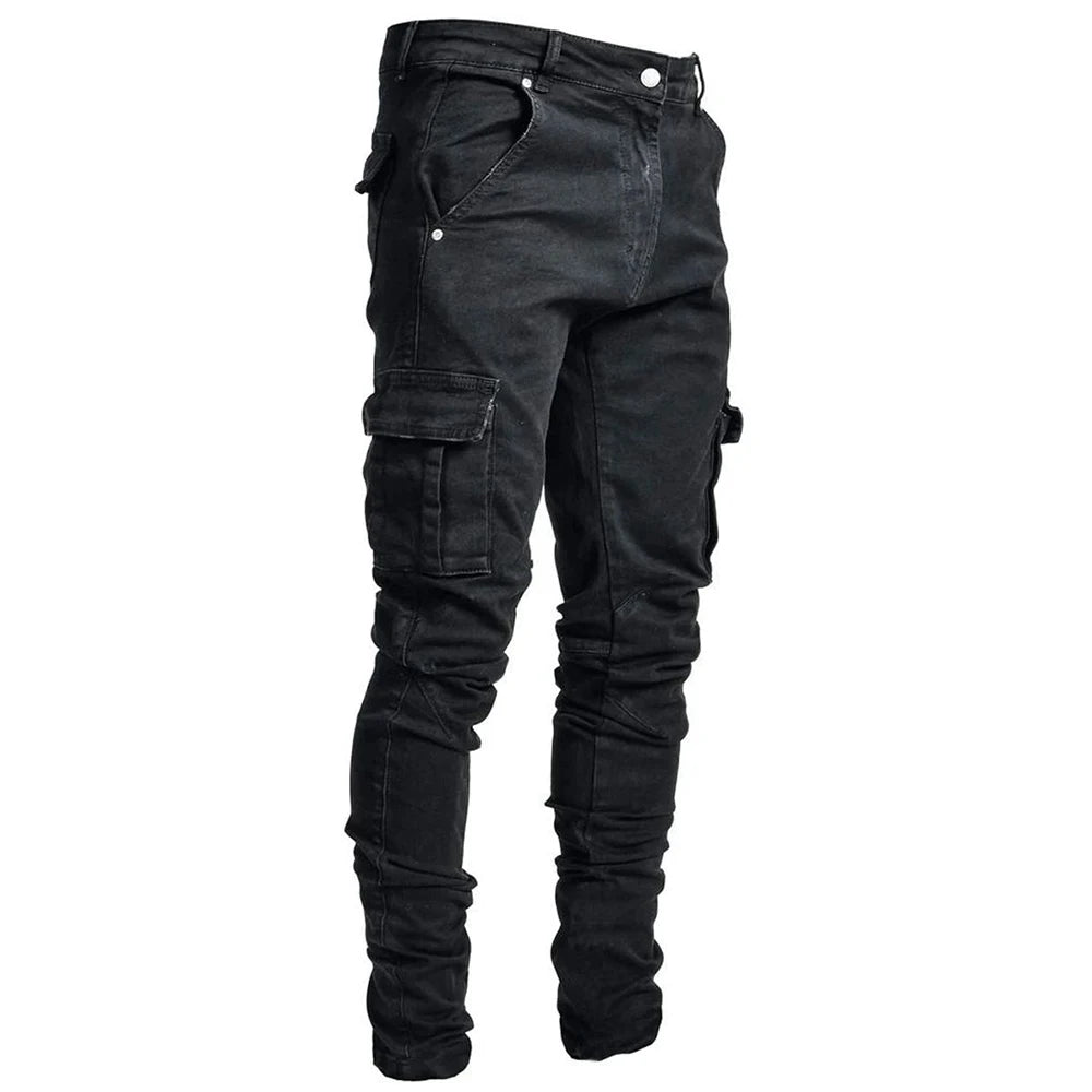 Street Jeans Elastic Denim Cargo Pants Multi Pockets Casual Mid Waist Slim Fit