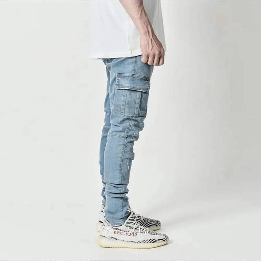 Street Denim Jeans Multi Pockets Elastic Pants Casual Mid Waist Slim Fit