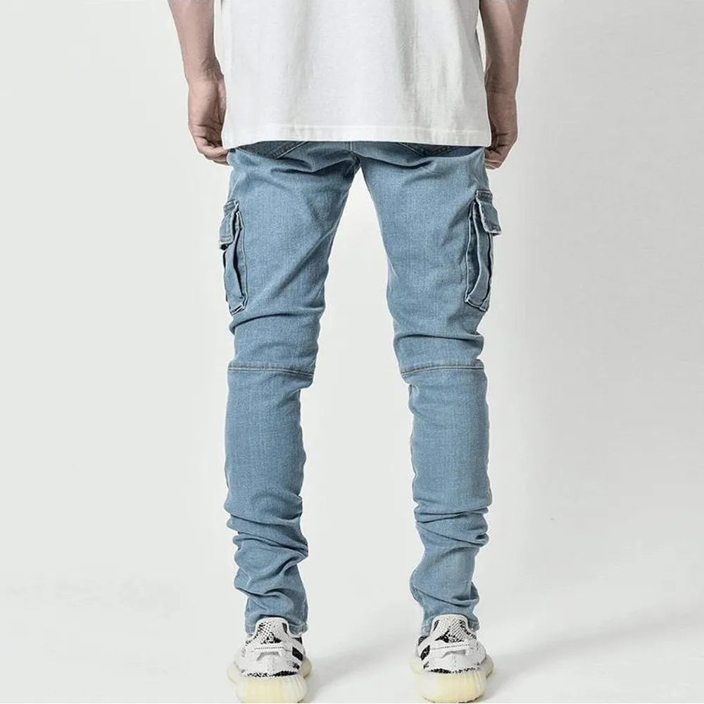 Street Jeans Elastic Denim Cargo Pants Multi Pockets Casual Mid Waist Slim Fit