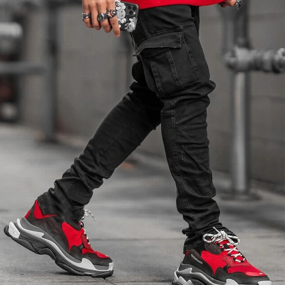Street Jeans Elastic Denim Cargo Pants Multi Pockets Casual Mid Waist Slim Fit