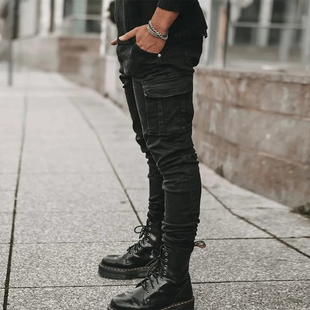 Street Jeans Elastic Denim Cargo Pants Multi Pockets Casual Mid Waist Slim Fit
