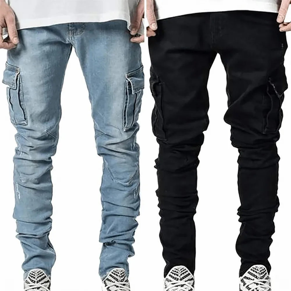 Street Denim Jeans Multi Pockets Elastic Pants Casual Mid Waist Slim Fit