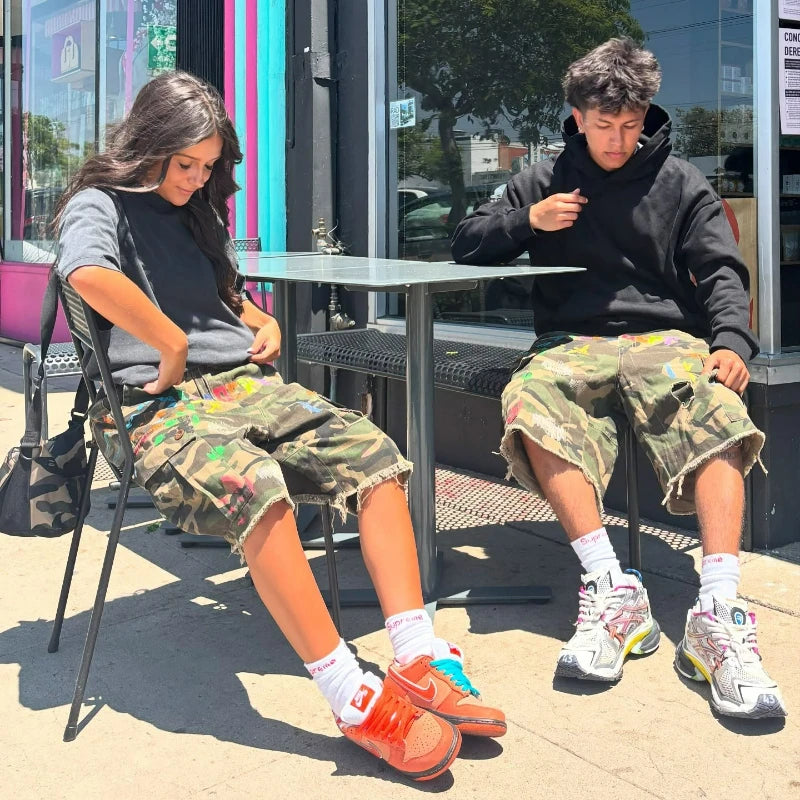 Camo Cargo Baggy Shorts Graffiti Patched Unisex