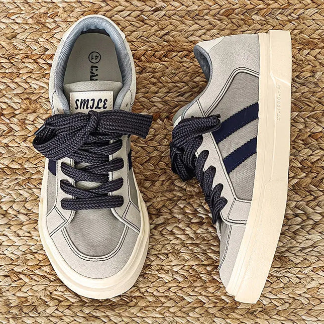 Sneakers With Stripes Flat Breathable Canvas Casual Lace-up Runners