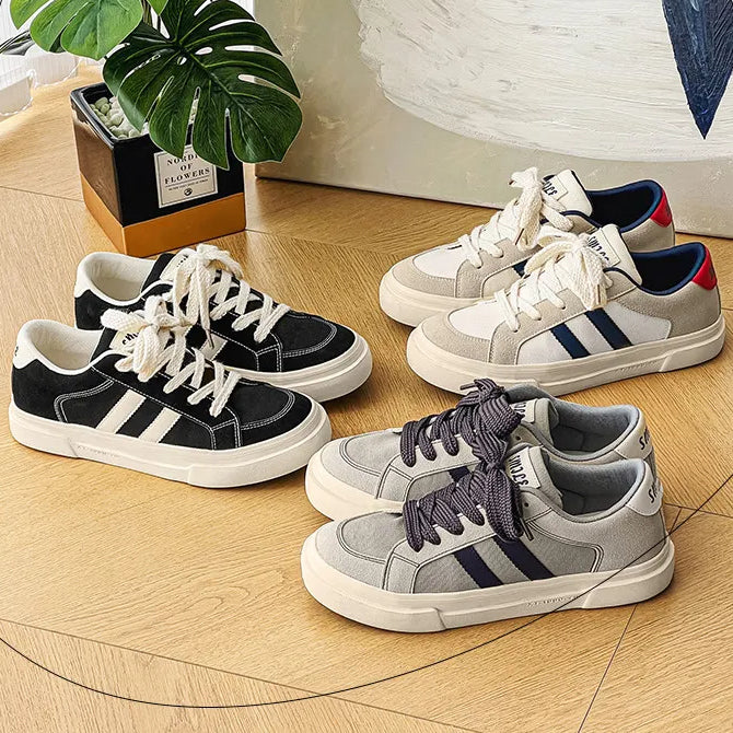 Sneakers With Stripes Flat Breathable Canvas Casual Lace-up Runners