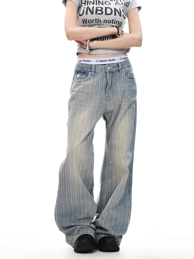 Striped Retro Denim Baggy Barrel Leg Jeans Micro Flared