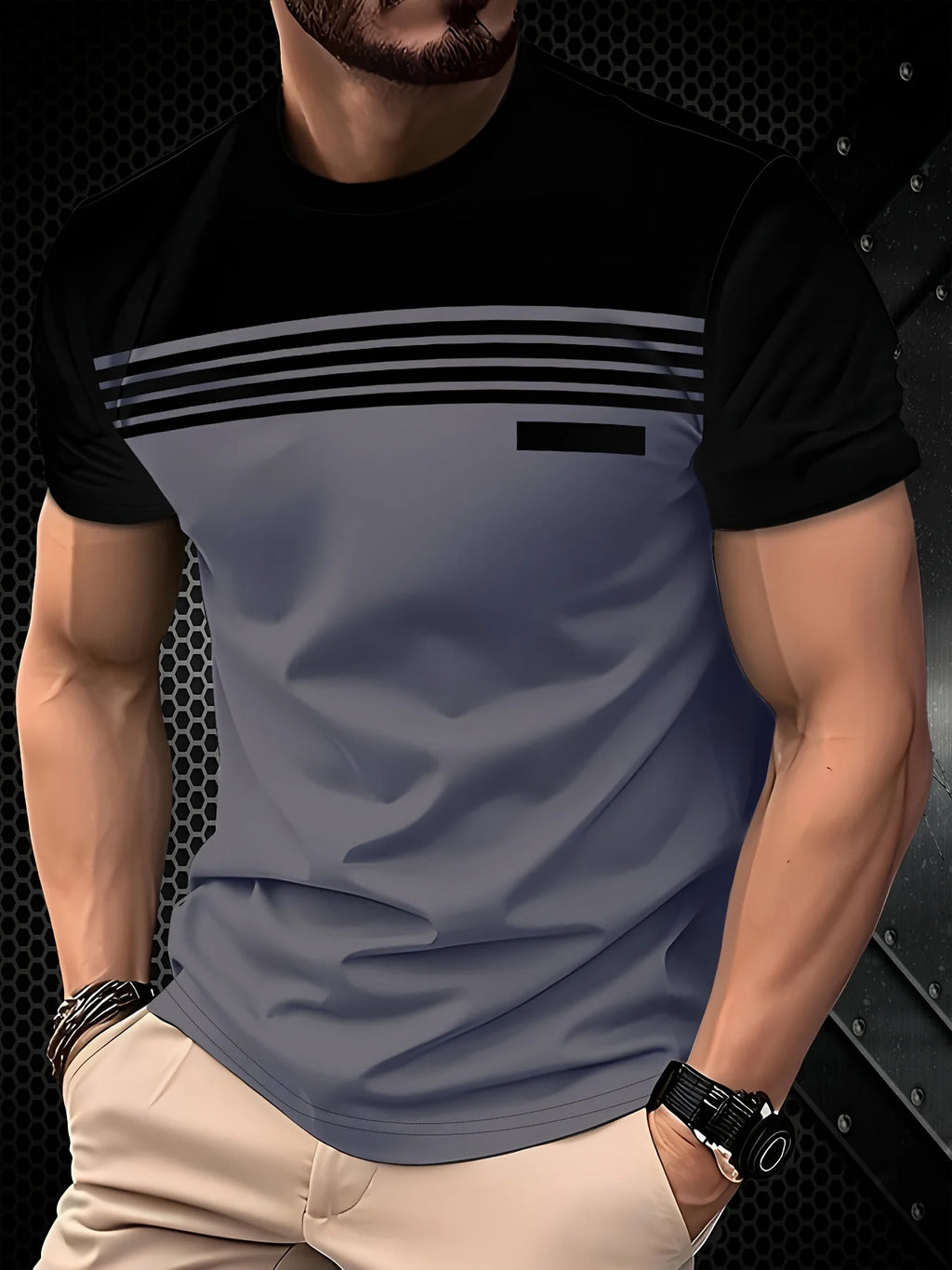 Striped T-shirt Round Neck Two Tone Casual Top