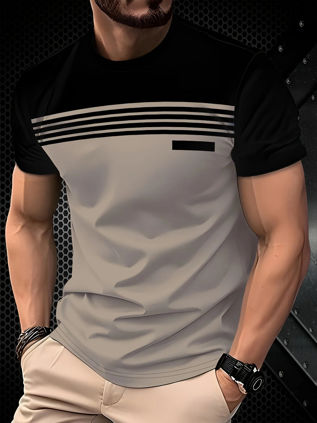 Striped T-shirt Round Neck Two Tone Casual Top