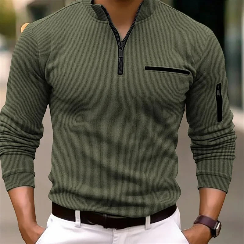 Quarter-Zip Pullover With Zipper Arm Long-Sleeve Polo Shirt