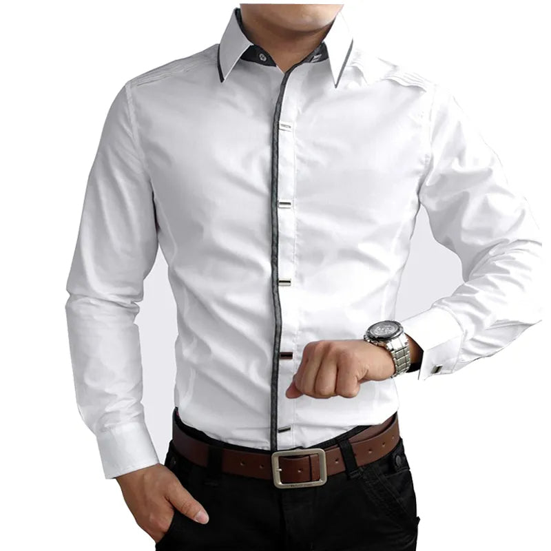 Cotton Dress Shirt With Shoulder Pleats Snap Close Buttons Business Office Work