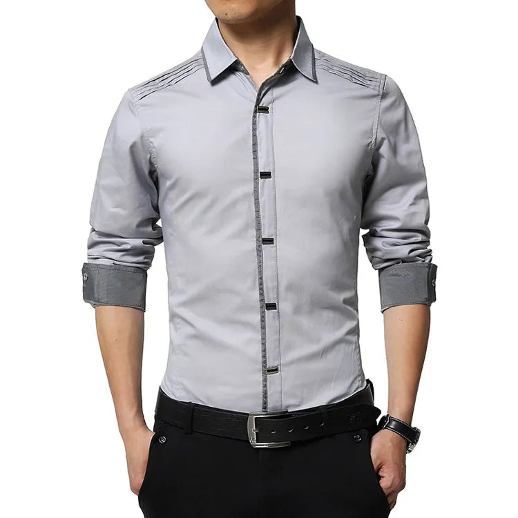 Cotton Dress Shirt With Shoulder Pleats Snap Close Buttons Business Office Work