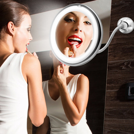 Makeup & Shaving Mirror Suction Cup Flexible 10X Gooseneck Vanity Mirror with LED Light