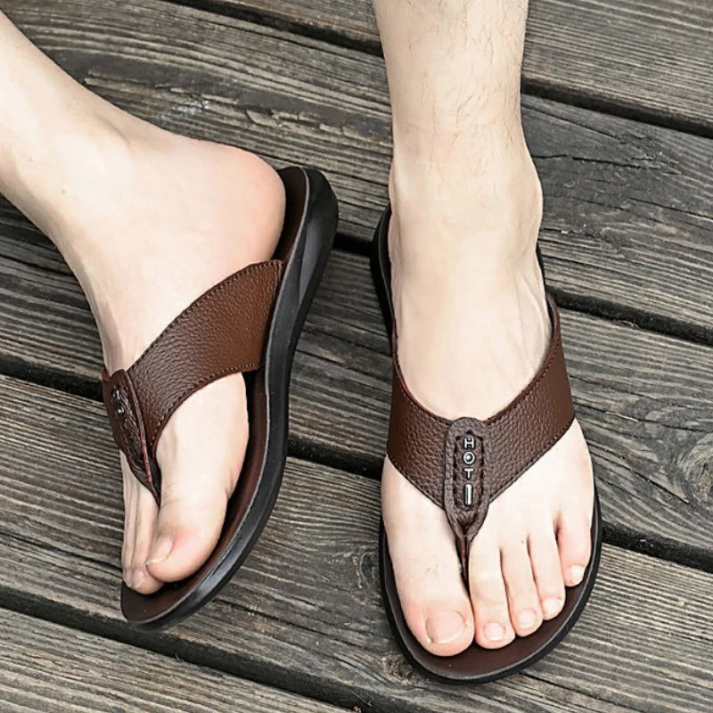 Men's Thongs Flip Flops High Quality Genuine Leather Summer Beach Sandals