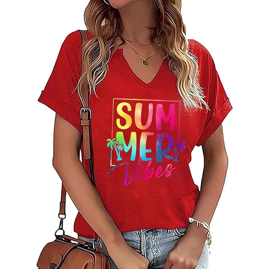 Summer Vibes V-neck T-shirt Positive Motivation Women's Top