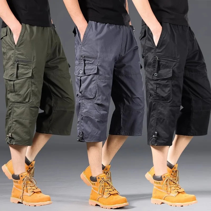 Summer Cargo Shorts Men's Capri Pants Below Knee Elastic Waist Plus Size
