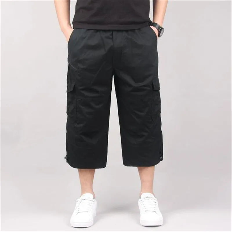 Summer Cargo Shorts Men's Capri Pants Below Knee Elastic Waist Plus Size