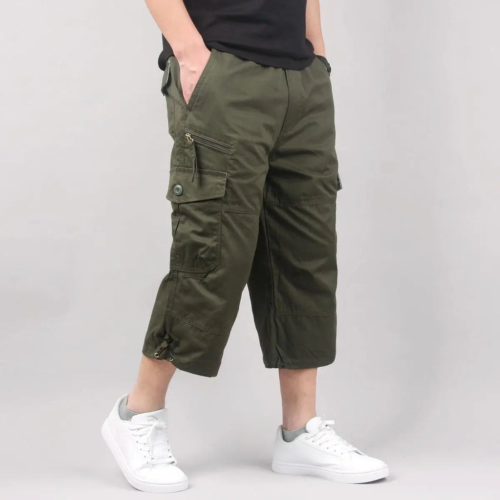 Summer Cargo Shorts Men's Capri Pants Below Knee Elastic Waist Plus Size