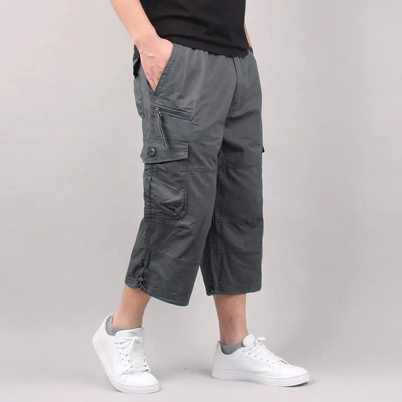 Summer Cargo Shorts Men's Capri Pants Below Knee Elastic Waist Plus Size