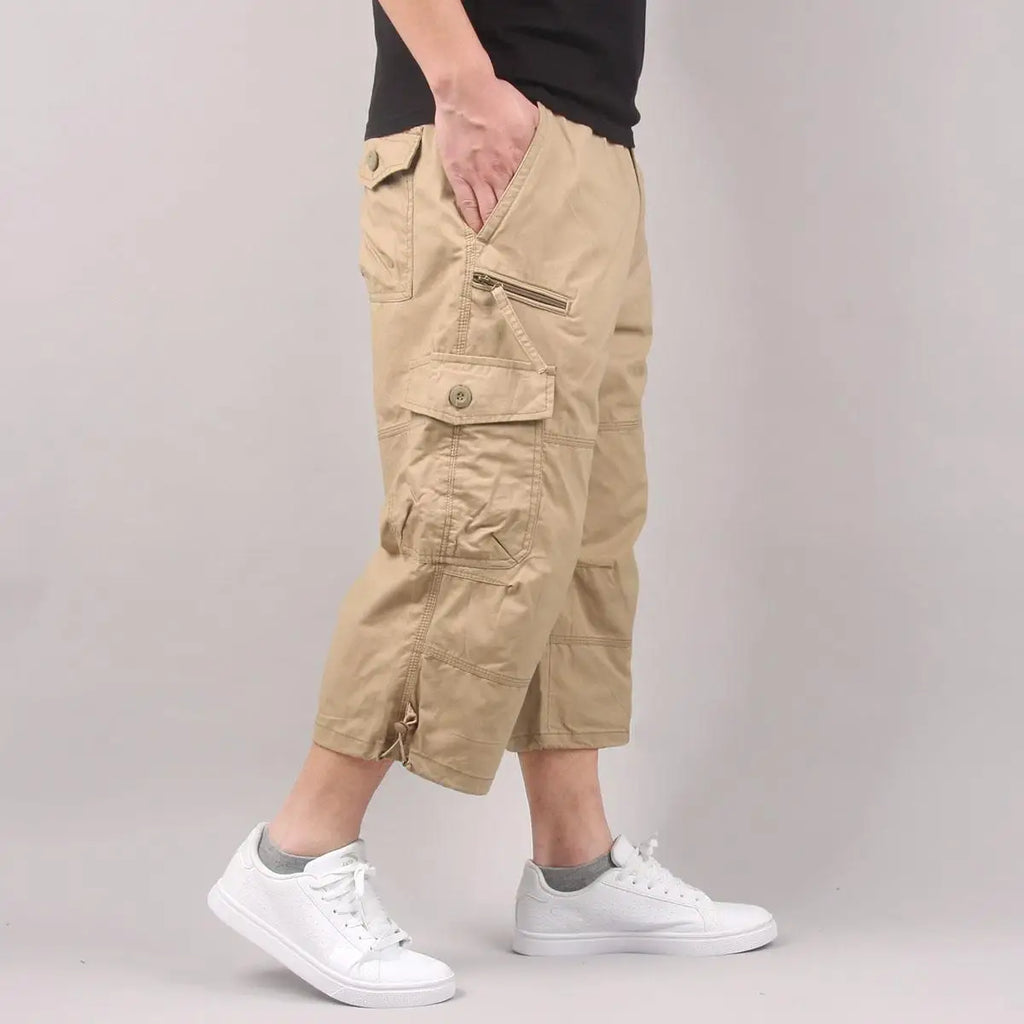 Summer Cargo Shorts Men's Capri Pants Below Knee Elastic Waist Plus Size