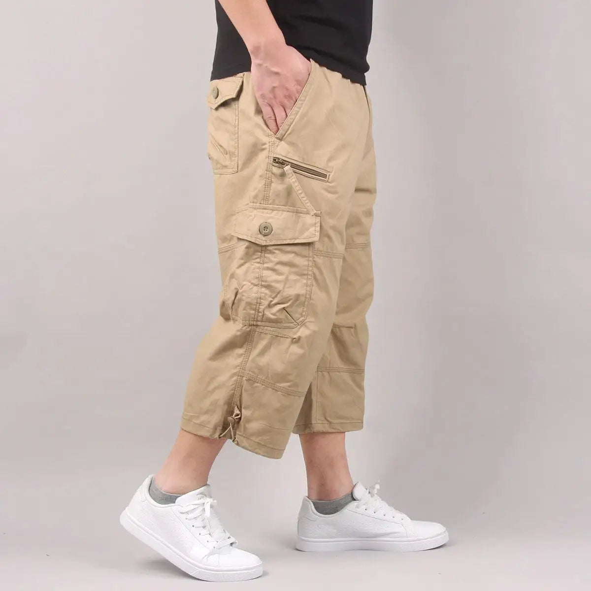 Summer Cargo Shorts Men's Capri Pants Below Knee Elastic Waist Plus Size