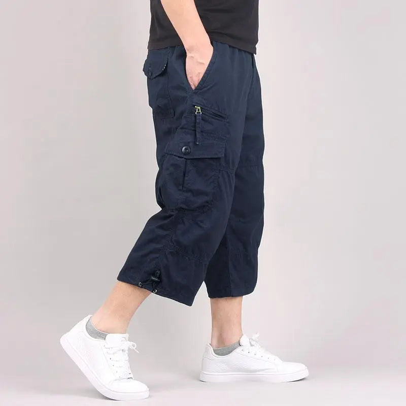 Summer Cargo Shorts Men's Capri Pants Below Knee Elastic Waist Plus Size