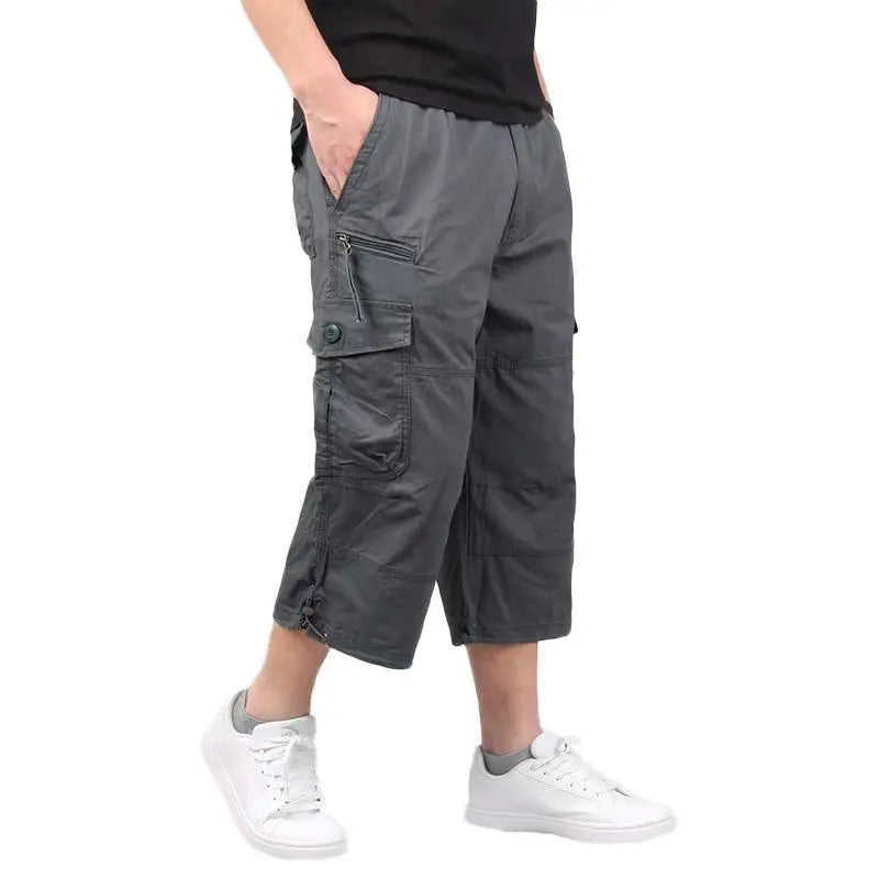 Summer Cargo Shorts Men's Capri Pants Below Knee Elastic Waist Plus Size