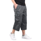 Summer Cargo Shorts Men's Capri Pants Below Knee Elastic Waist Plus Size
