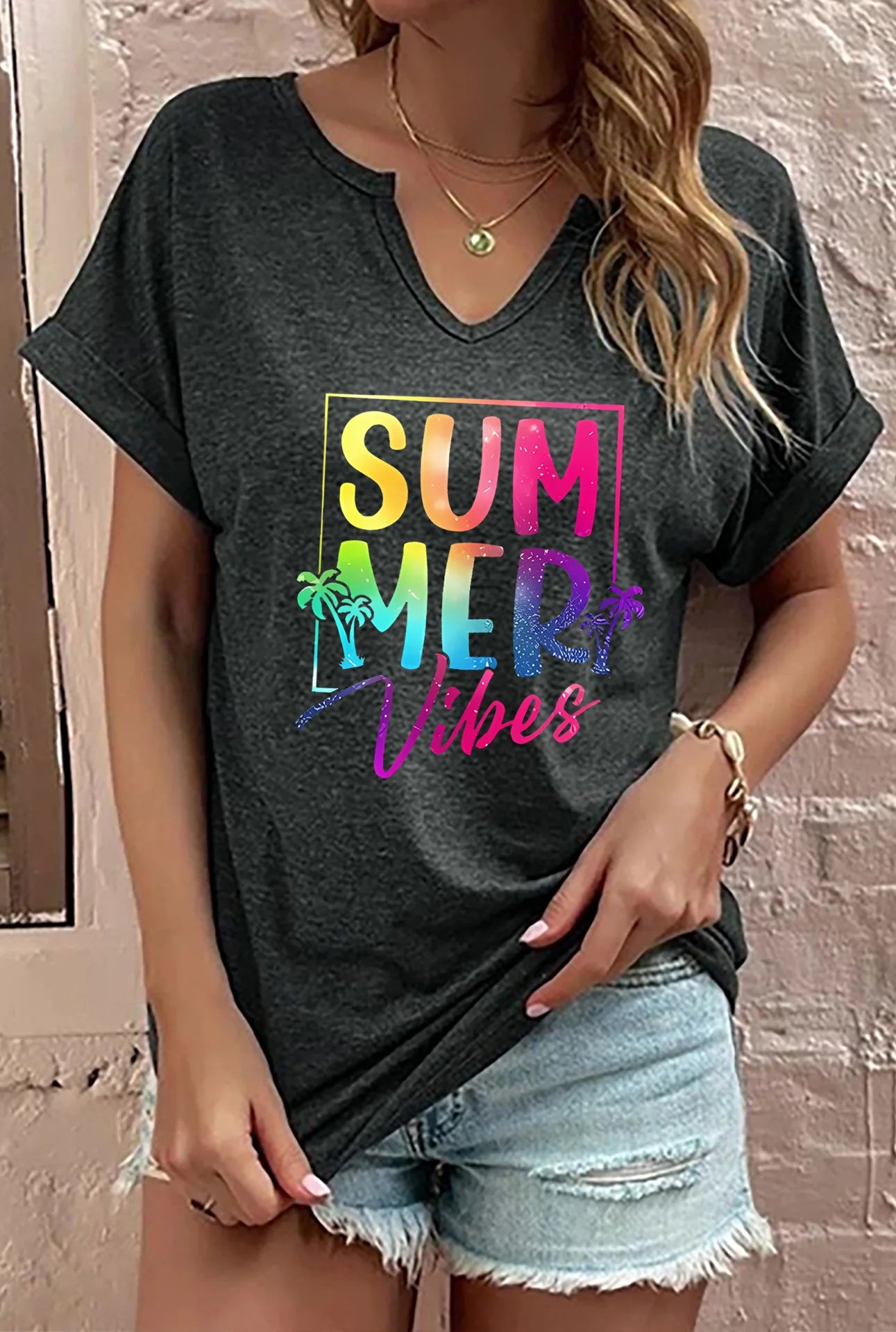 Summer Vibes V-neck T-shirt Positive Motivation Women's Top