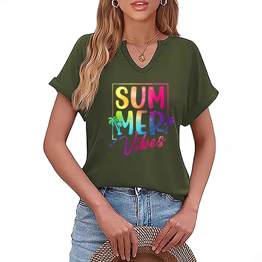 Summer Vibes V-neck T-shirt Positive Motivation Women's Top