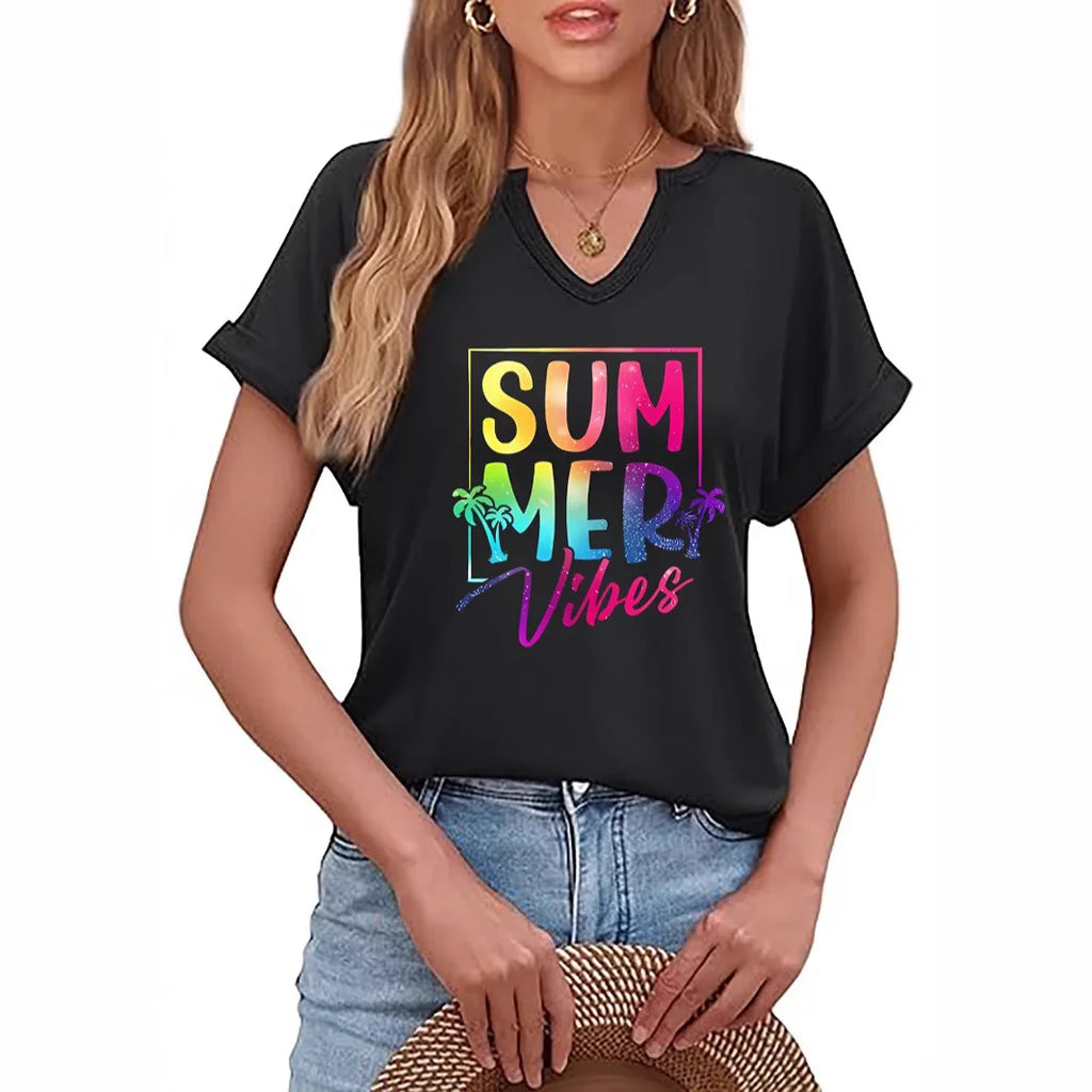 Summer Vibes V-neck T-shirt Positive Motivation Women's Top
