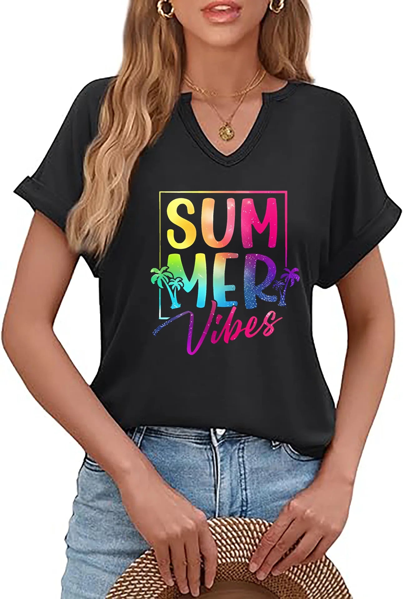Summer Vibes V-neck T-shirt Positive Motivation Women's Top